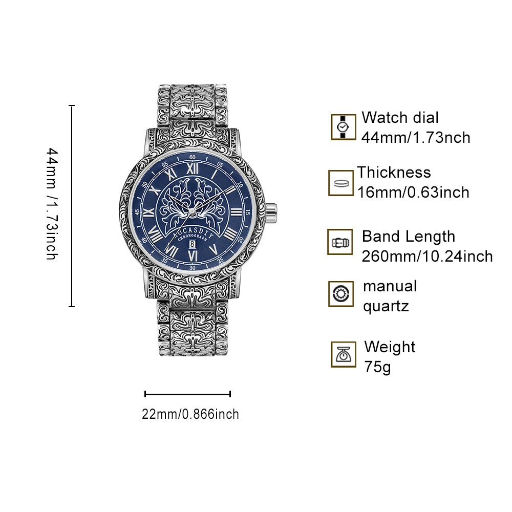 AOCASDIY Men's Quartz Watch Roman Digital Calendar Retro Carving Pattern Business Daily Necessities Men's Gifts