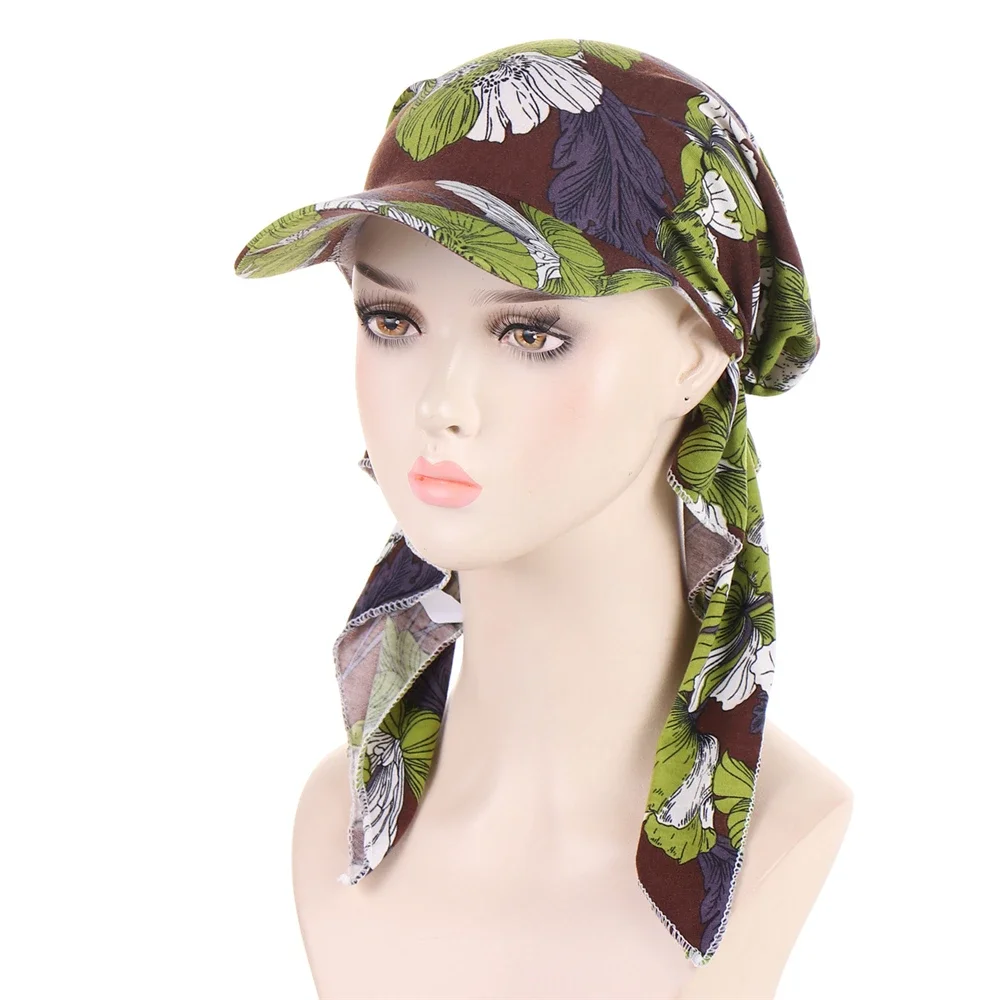 Fashion Muslim Women Printed Brim Cap Sun Visor with Pre-Tied Turban Caps Head Scarf Bandana Headscarf Beach Outdoor Hat Mujer