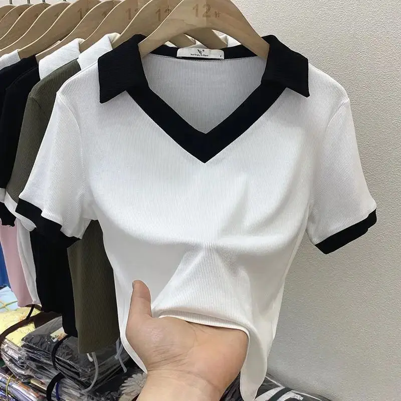

Women's Short-Sleeve V-Neck T-Shirt New Summer Style All-match Polo Shirt Casual T-Shirt Top Camisas Mujer Ladies Tops