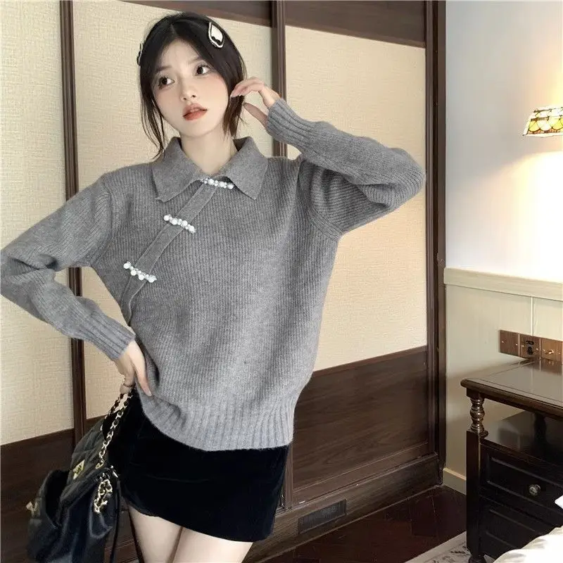 

Gray Pullover Sweater For Women Sweet Style Loose Fit With Pearl Decoration Autumn Winter