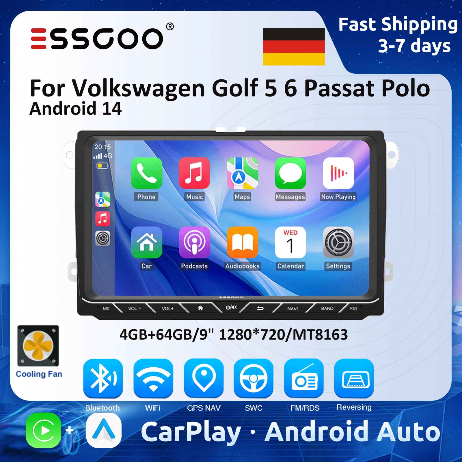 ESSGOO 9" Autoradio für Volkswagen Golf 5 6 Passat Polo 4+64GB Lüfter Android Auto Carplay GPS Automotive Multimedia Player
