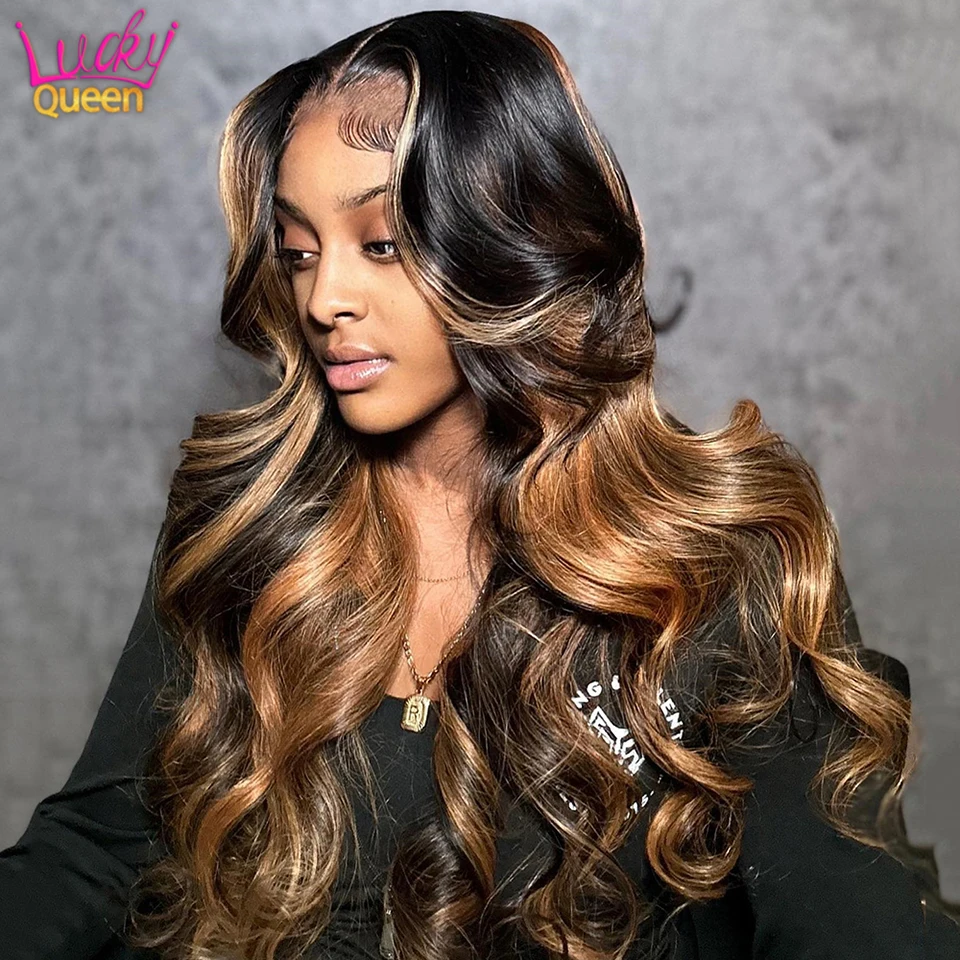 Perruque Body Wave Lace Front Wig naturelle ombrée, cheveux humains, blond miel 1B 30 13x6, pre-plucked, pour femmes