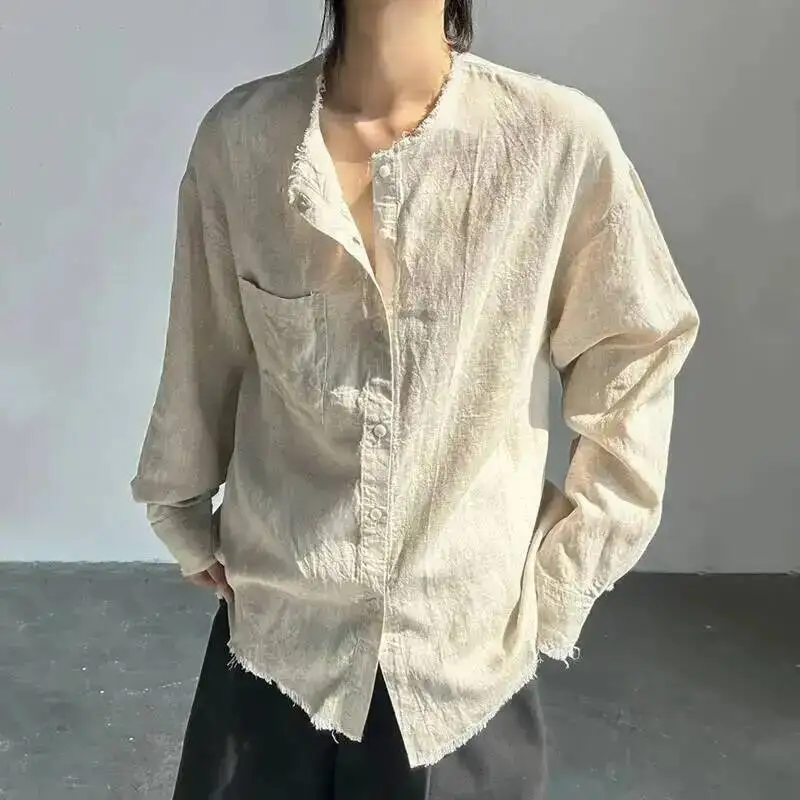 New Men's Shirt Round Collar Raw Edge Solid Color Pocket Sun-protective Long Sleeved Single Breasted Loose Male Top 9WYT6I