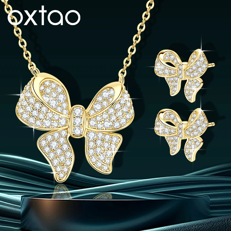 OXTAO Brilliant Pave Bowknot Moissanite Earring Necklace for Women Bridal Wedding Statement Jewlery Necklace 14K Gold Filled