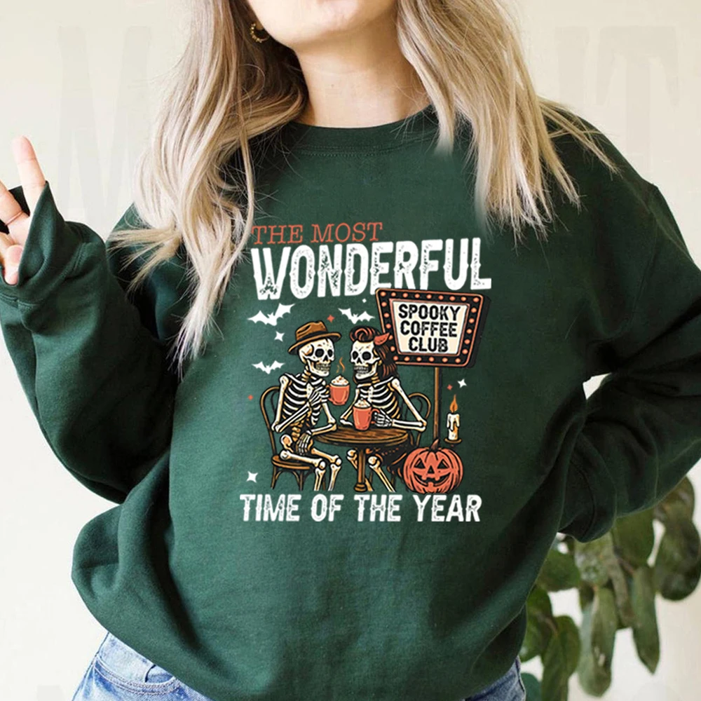 

Vintage Spooky Coffee Club Sweatshirt Skeletons Drinking Coffee Graphic Shirt Halloween Pullover Fall Hoodie Unisex Sweatshirts