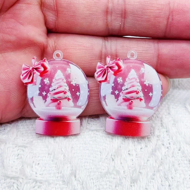 10pcs Acrylic Christmas snowball cake tree pendants with pink bow, DIY fashion accessories for Christmas