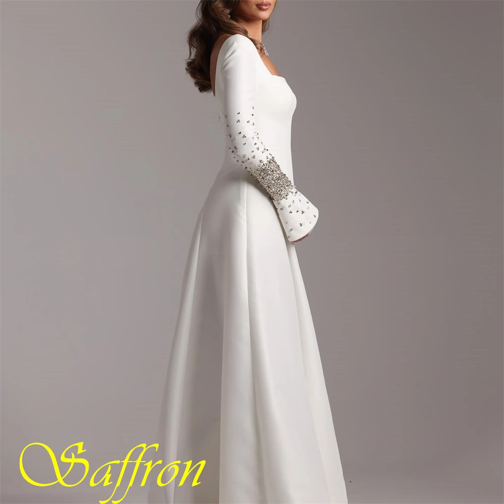 Maßgeschneidertes klassisches Satin-Abendkleid mit quadratischem Kragen, anmutige Ballkleider mit langen Ärmeln, modische Kristall-Kleider für besondere Anlässe