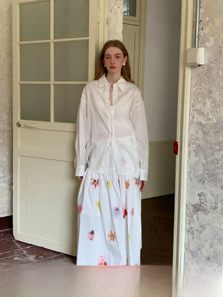 

High Waist Cotton Print Skirt Women's Summer Slimming A-Line Skirt Simple Versatile White f-length Skirt by ZHU