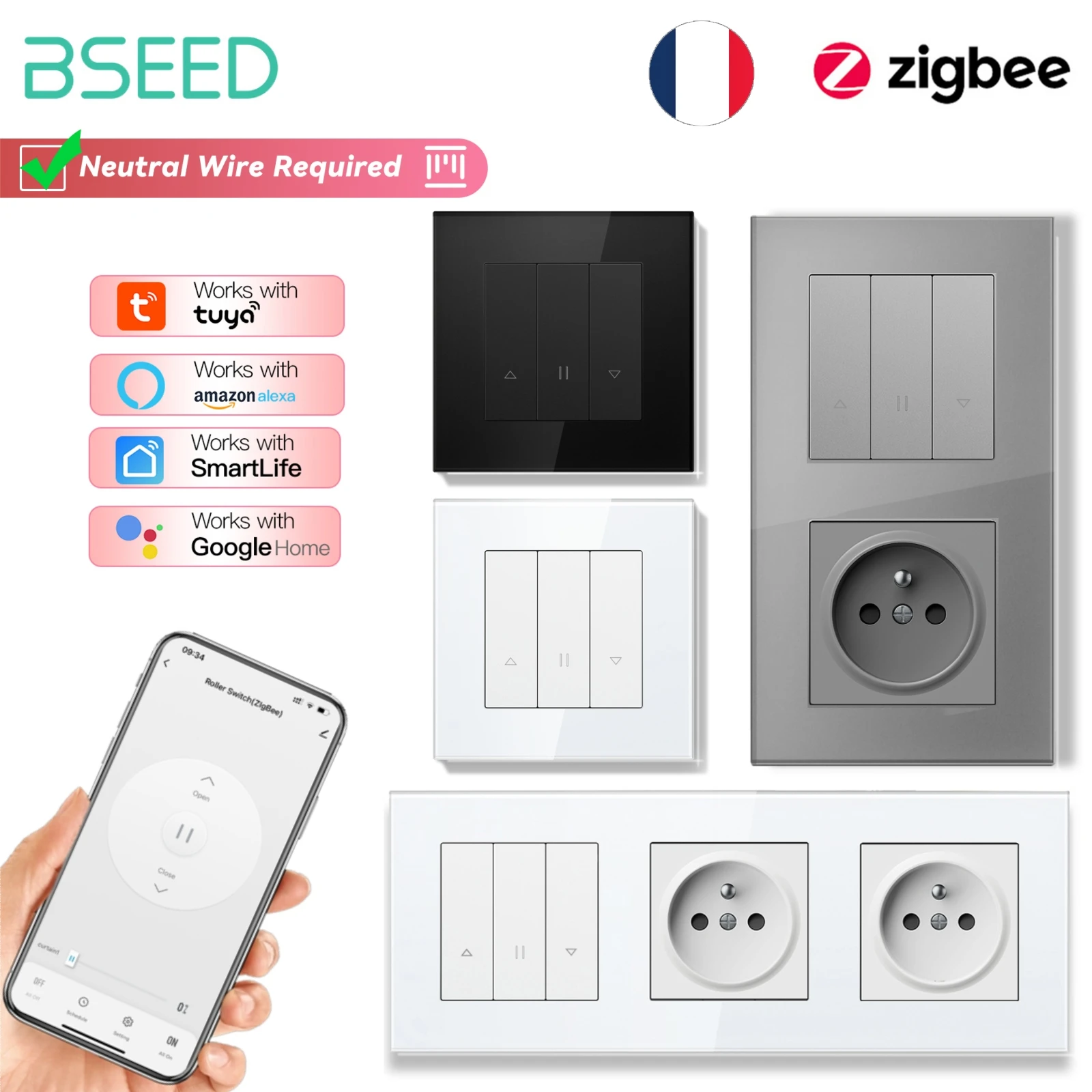 

Серия переключателей затвора BSEED Zigbee, настенные умные переключатели кликов, желтая подсветка, стеклянная рамка, роликовый переключатель Tuya APP, настенные розетки FR