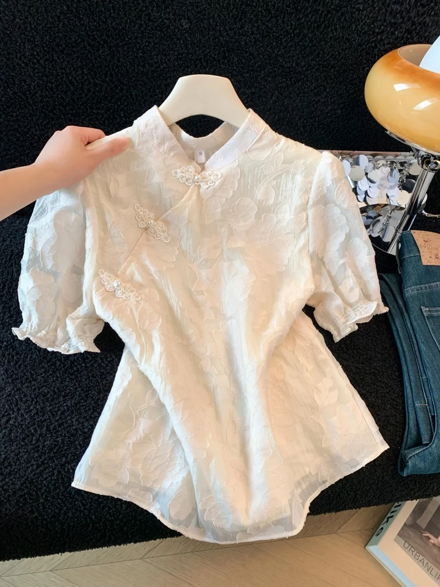 

Новая женская летняя блузка в китайском стиле с коротким рукавом, вышивкой и шантунгом, элегантная, персикового цвета, модная