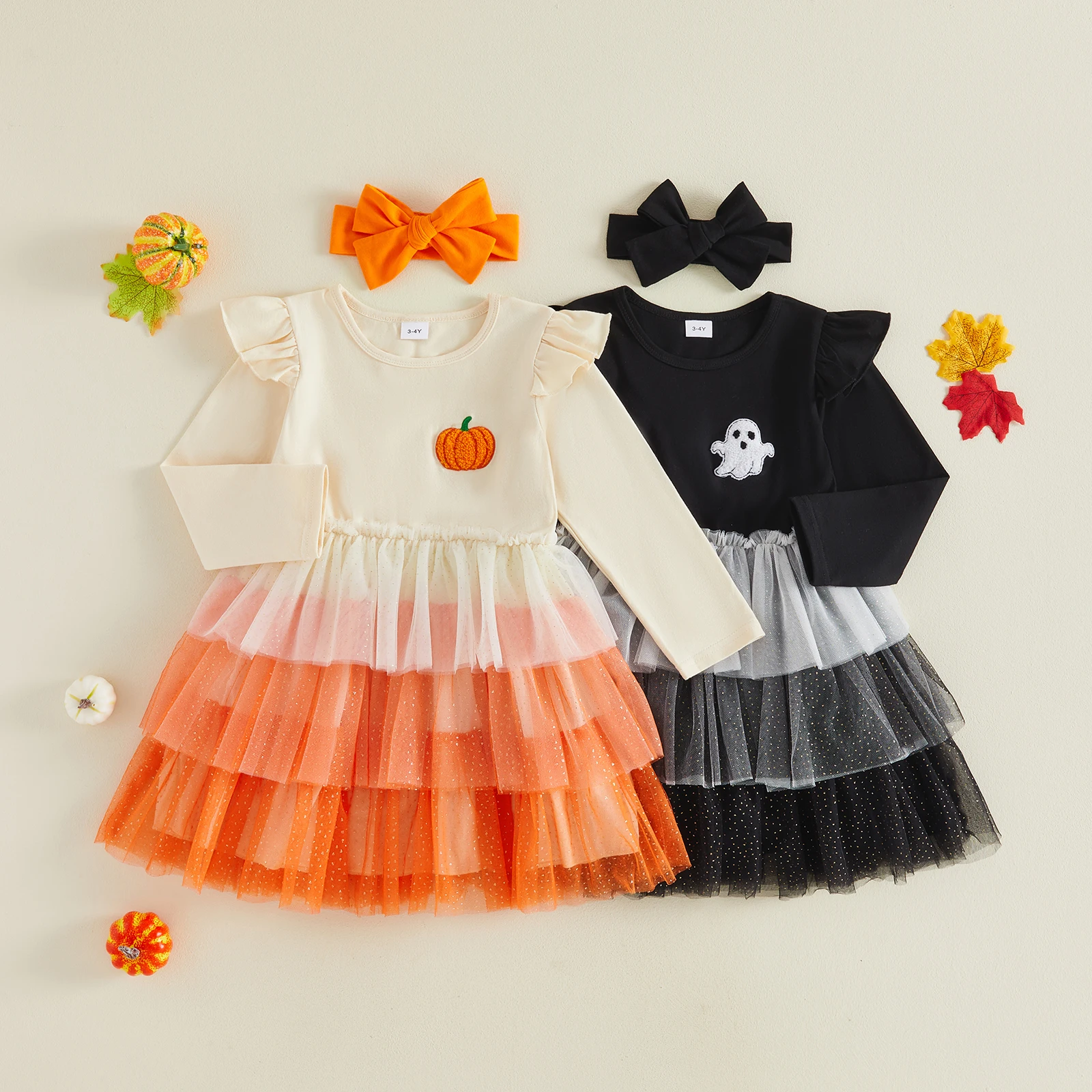 1-5Y Toddler Baby Girl Halloween Dress Headband 2 Pcs Set Ghost/Pumpkin Embroidered Layered Mesh Long Sleeve A Line Dress