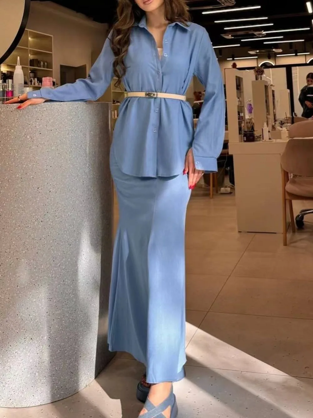 Eid muslimische Sets 2-teiliges Set für Frauen Button-up-Shirt & Rock Ramadan Frau Kimono Robe Kaftan 2024 Musulman Ensembles Anzüge