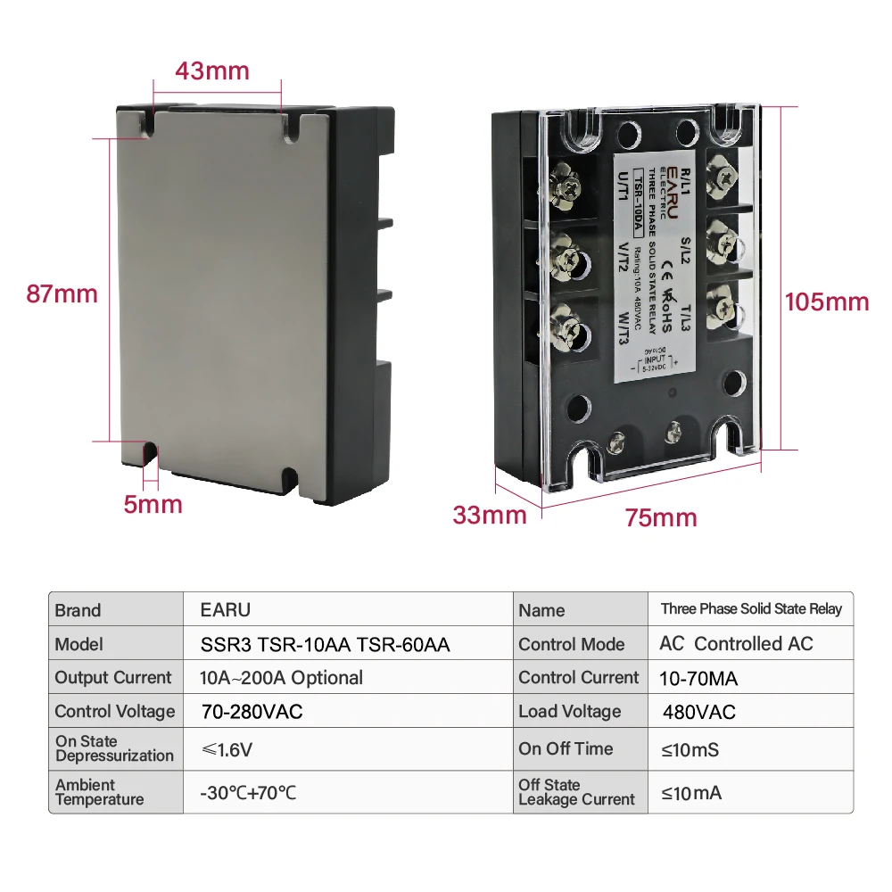 TSR  SSR-10AA 25A 40A 60A 80A Three Phase SSR Solid State Relay AC Control AC 480V 70-280V Input Aluminum Radiator Heat Sink