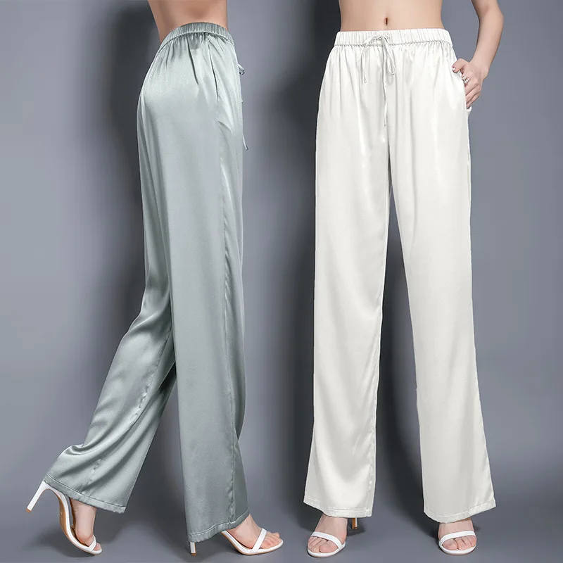 Birdsky, 1PC Women trousers wide leg straight pant drawstring pants high waist real mulberry silk spandex solid color, S-923