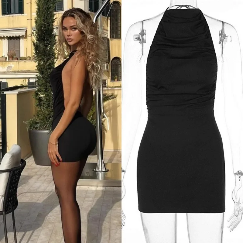 

INS Style Solid Color Sleeveless Short Dress Sexy Lace Up Hanging Neck Backless Dress Fashion Solid Color Women's Bag Hip Skirt