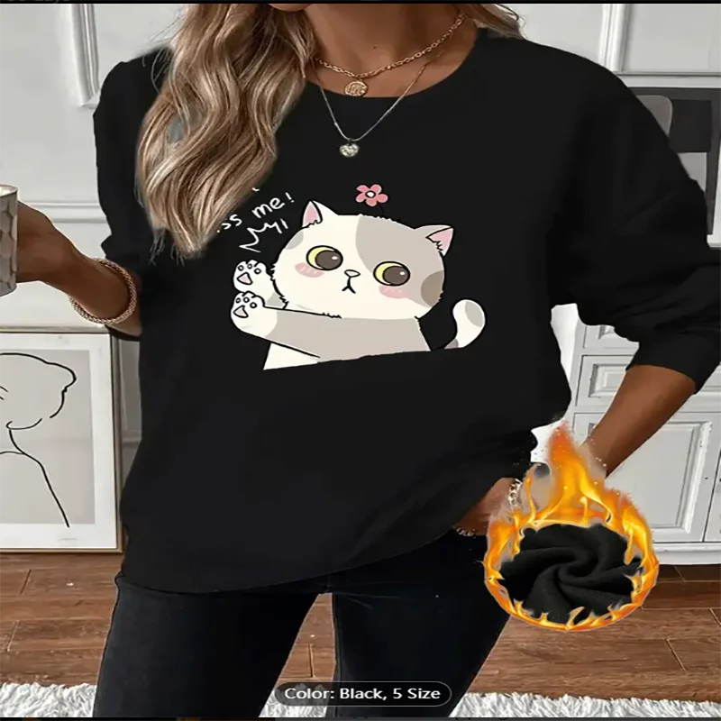 Women's Light Grey Sweatshirt  Cute Cat Graphic Print Fleece Lined Casual Oversized Pullover Top for Cat Lovers