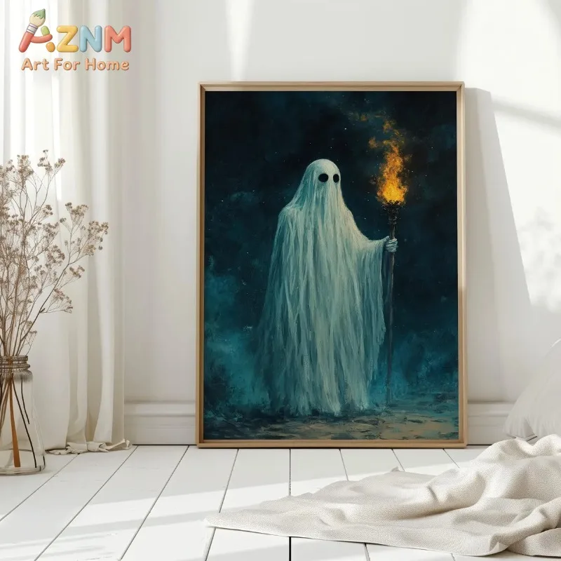 Ghost Holding Burning Torch Gothic Halloween Canvas Poster Prints Frameless Wall Art Mysterious Moody Rustic Home Decorations