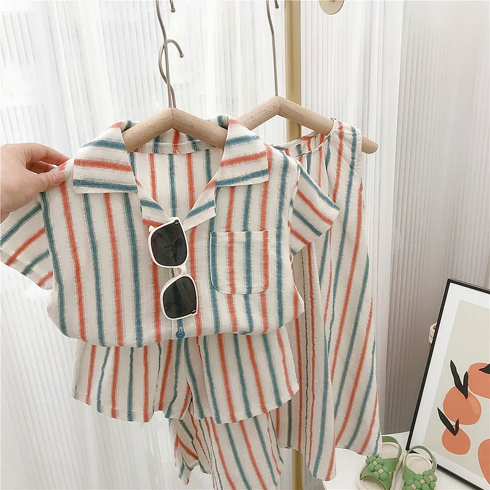

Summer Toddler Siblings Attire Turn Down Collar Top Striped Shorts Infant Boy Suit Loose Sleeveless Retro Dress Baby Girl Outfit