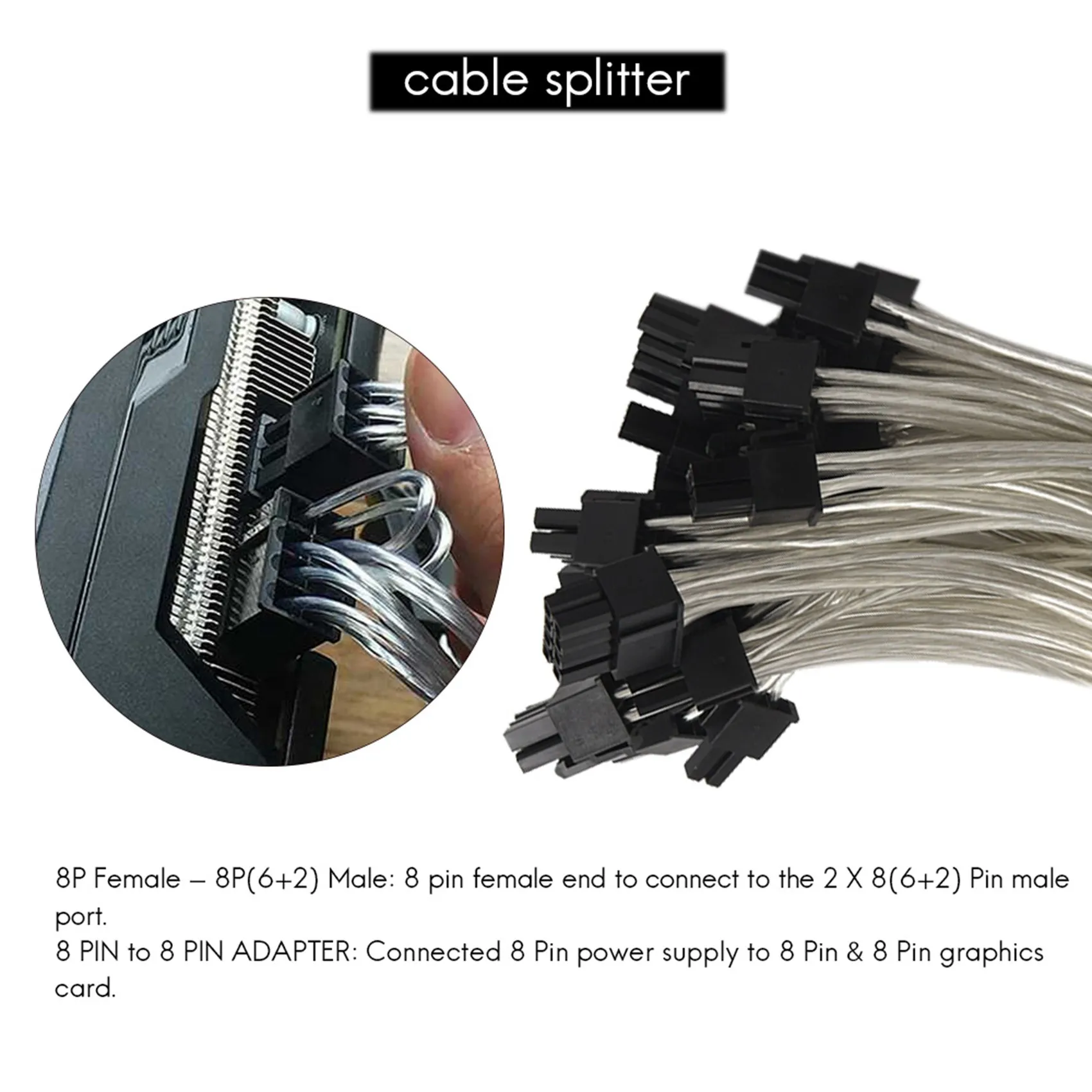 8 Pin to 2 x 8 Pin (6+2) PCIe Adapter Power Splitter Cable Splitter Power Extension Cable PCI Express 9 Inches (6