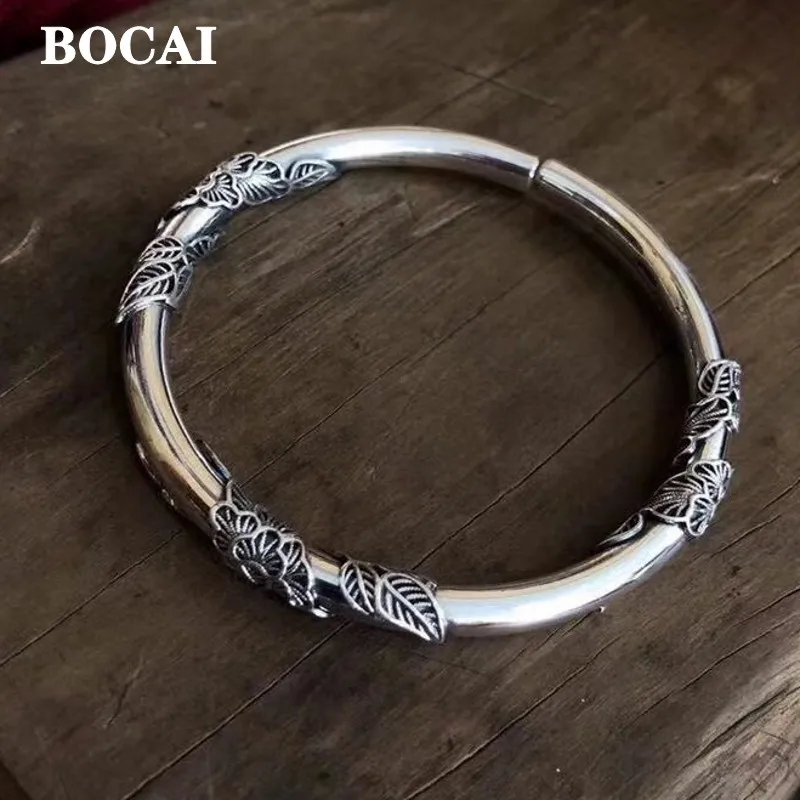 BOCAI New Real S999 Pure Silver Flowery Like Brocade Texture National Style Solid Exquisite Women's Bracelet