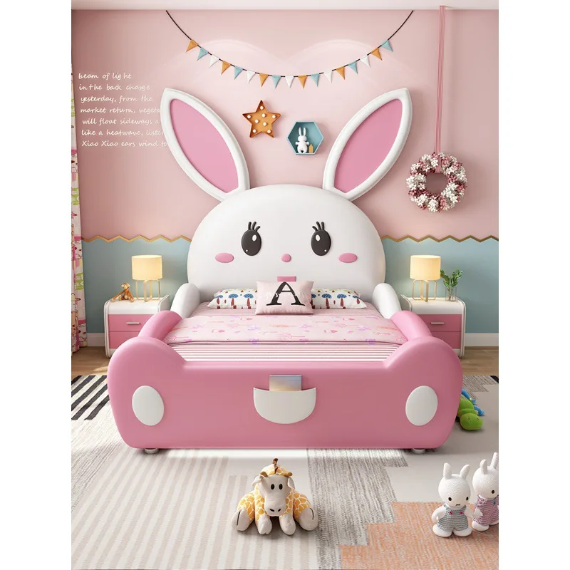 Children's bed girl princess modern pink child guardrail big rabbit single