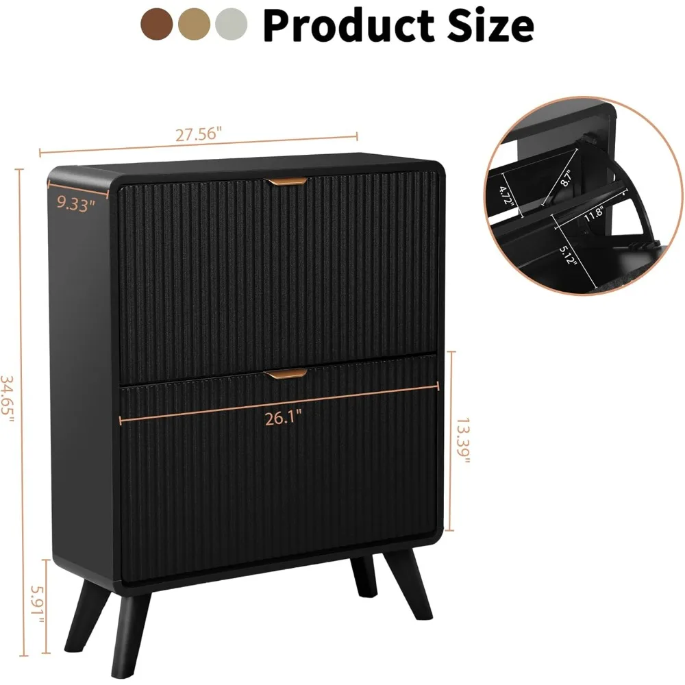 pair of decorative shoe storage cabinets for entryway, slim curved shoe cabinet with dual flip drawers, freestanding wooden conc
