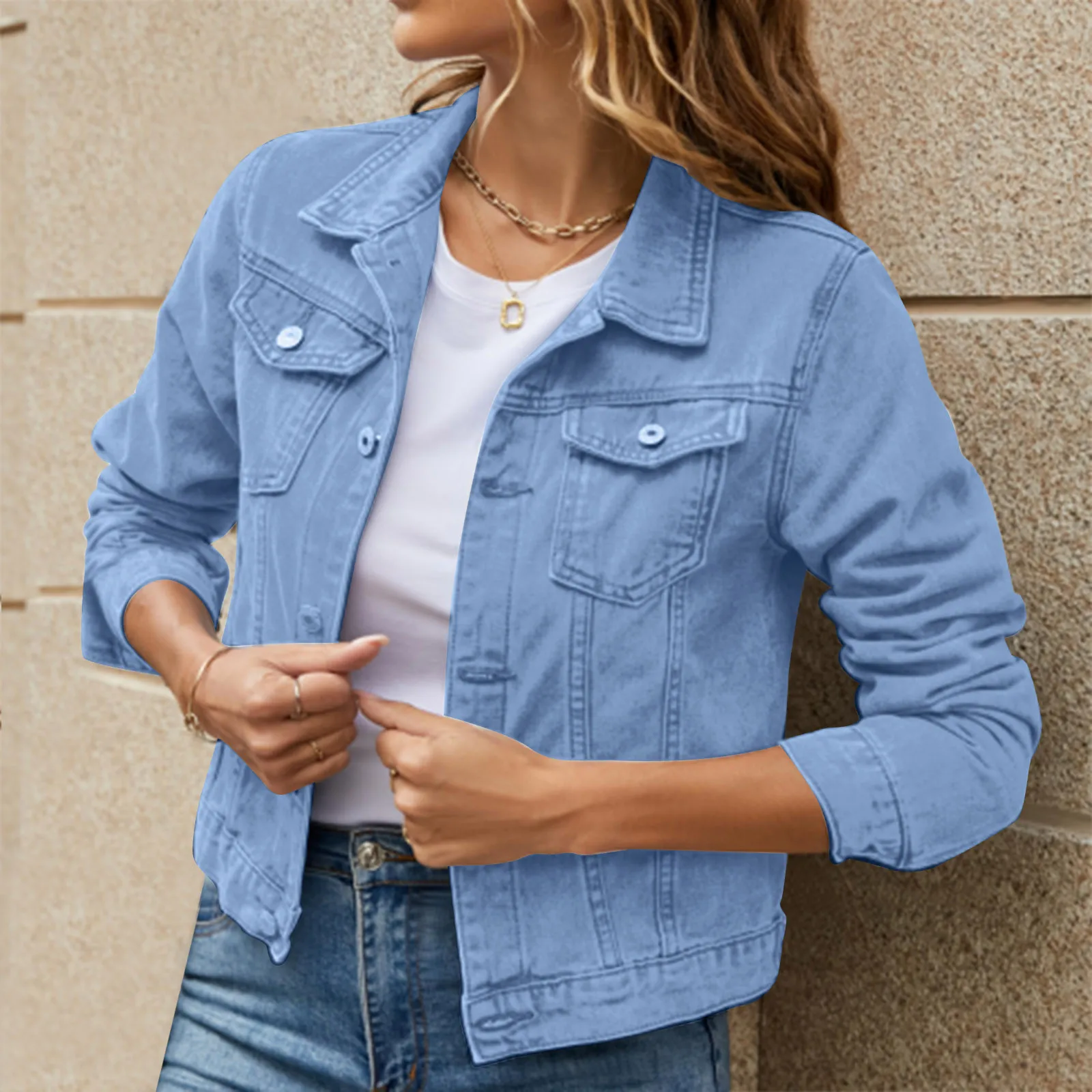 

2023 Women's Solid Color Denim Jacket Casual Turn-down Collar Long Sleeve Button Down Chest Pocket Jean Jacket Autumn Streetwear