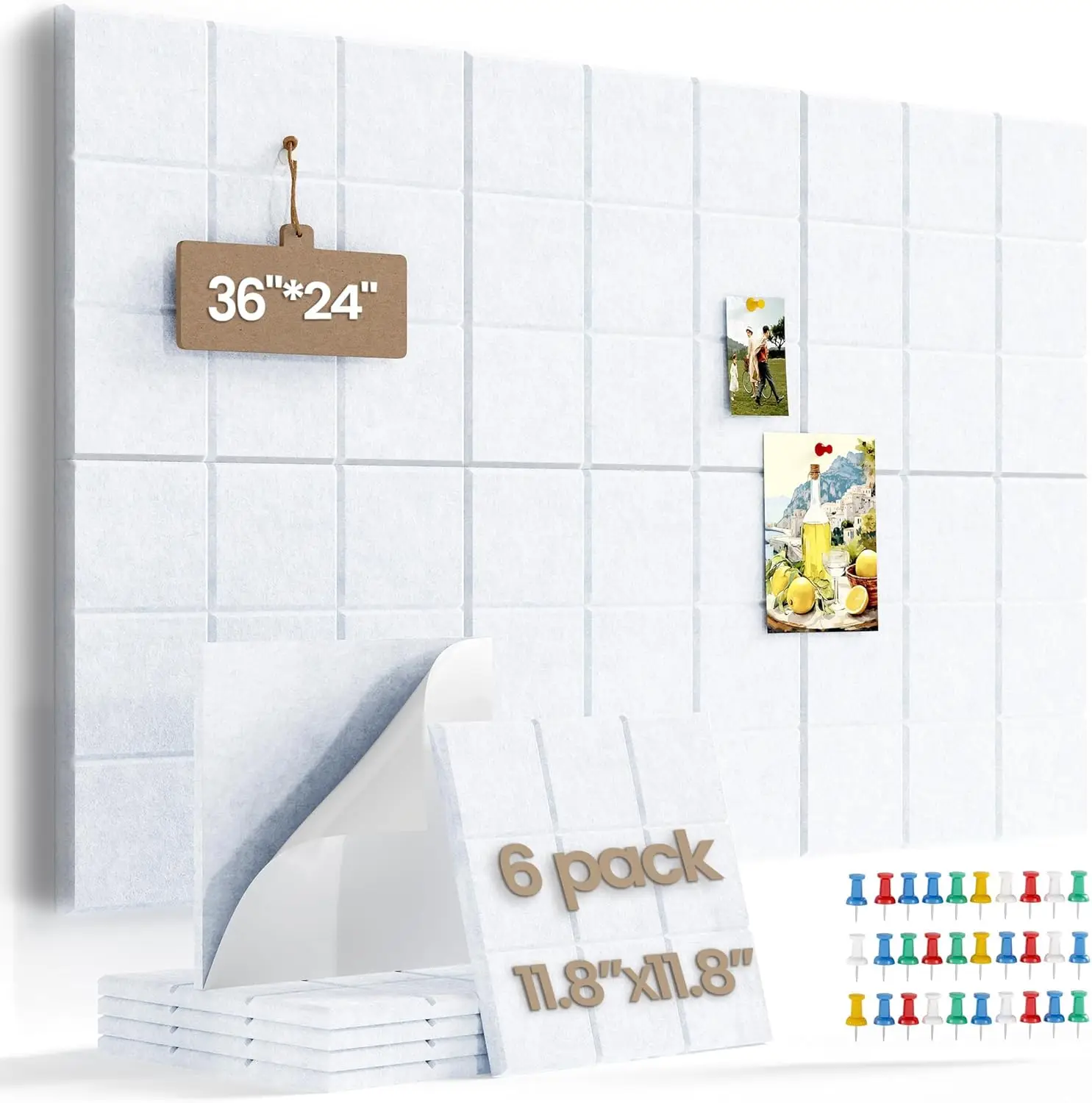 

6-Pack 11.8" Cork Board Tiles with 30 Push Pins, DIY Wall Pin Board for Photos Memos, Home Office Kitchen