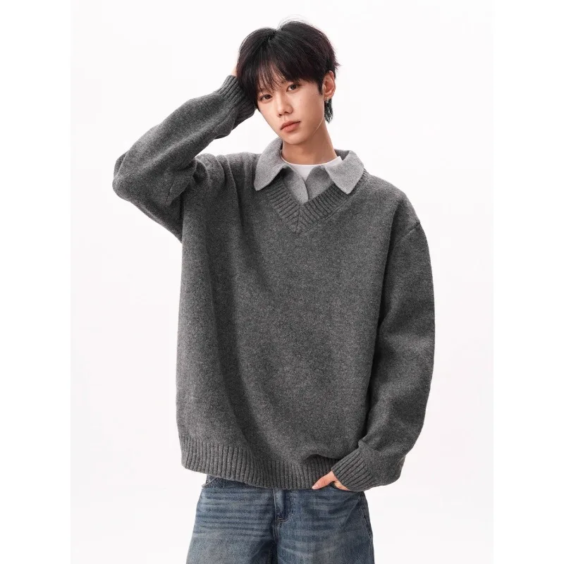 

Мужские вязаные свитера с воротником, однотонные осенне-зимние винтажные уличные мужские повседневные свободные трикотажные изделия, модные пуловеры, топы