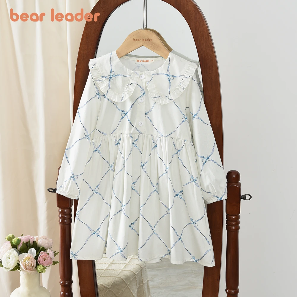 

Bear Leader Autumn Spring New Girls' Dress Fashion Cute Doll Neck Flower Print Dress Children's Girls Long Sleeve Princess Dress