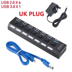 EU US AU UK PLUG 4/7 Port USB HUB 3.0 Hub USB Splitter Multi Usb Hub 3.0 Hab power Adapter With Individual Switch for PC
