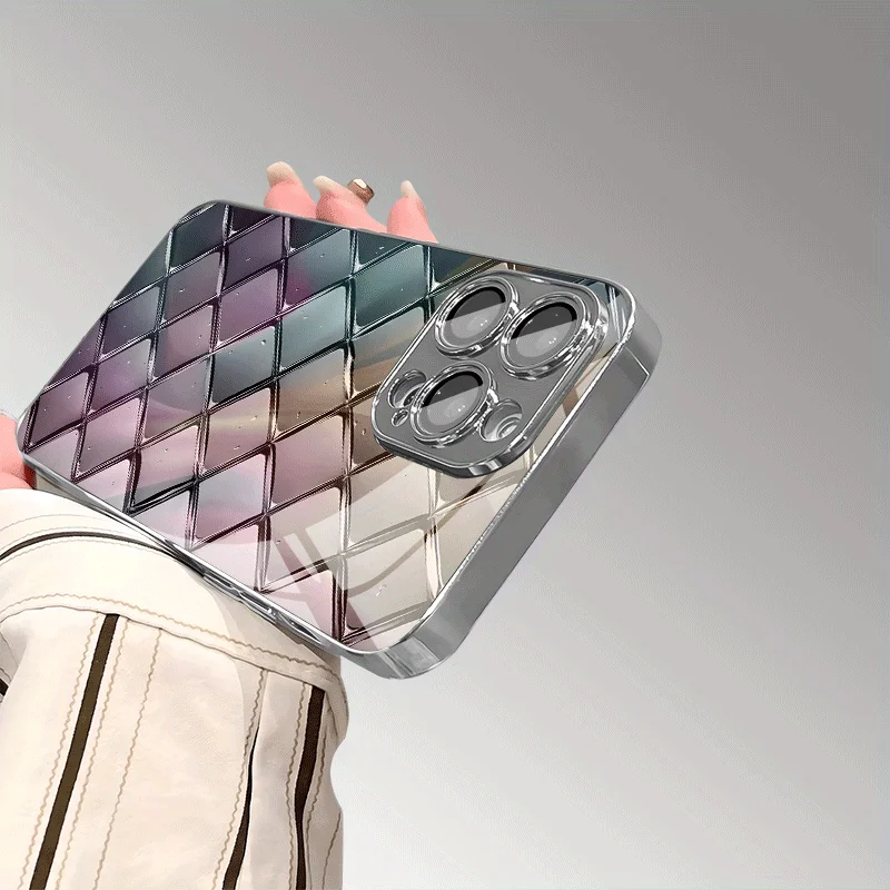 정교한 스테인드 글라스 질감의 다이아몬드 메쉬 패턴 전기 도금 유리 아이폰16 15 14 13 12프로맥스 폰 케이스
