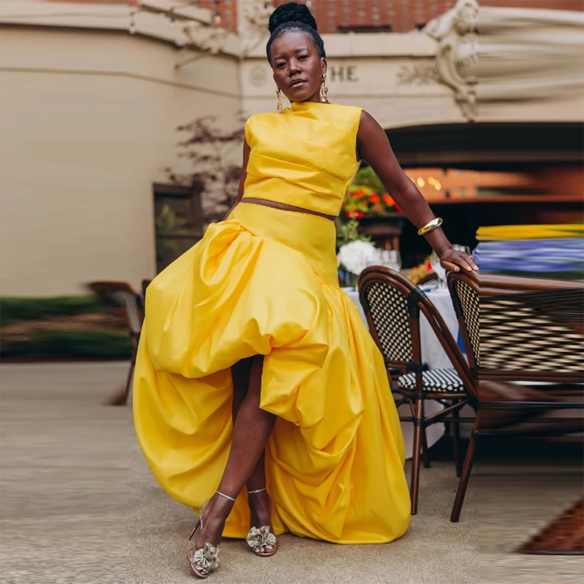 Żółta satynowa sukienka dwuczęściowa, asymetryczna, bez rękawów, suknia wieczorowa, afrykańska sukienka na formalne przyjęcie dla dziewcząt.