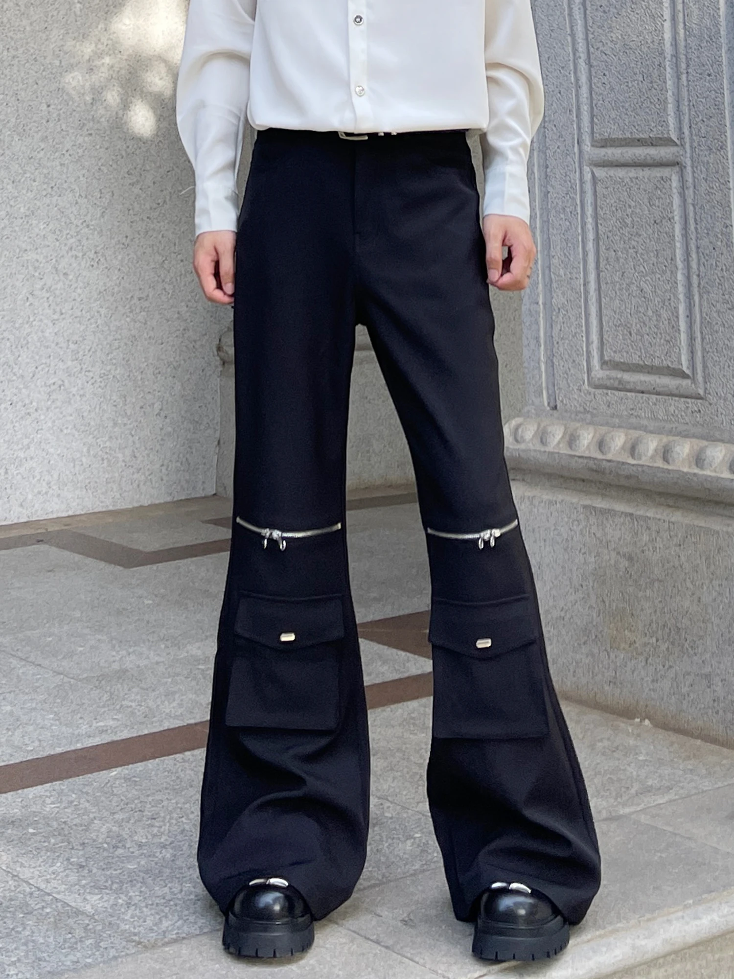 Korean Version of Fashion Trend Black Horn Trousers Handsome Men Zipper Pocket Design High Street Loose Casual Trousers