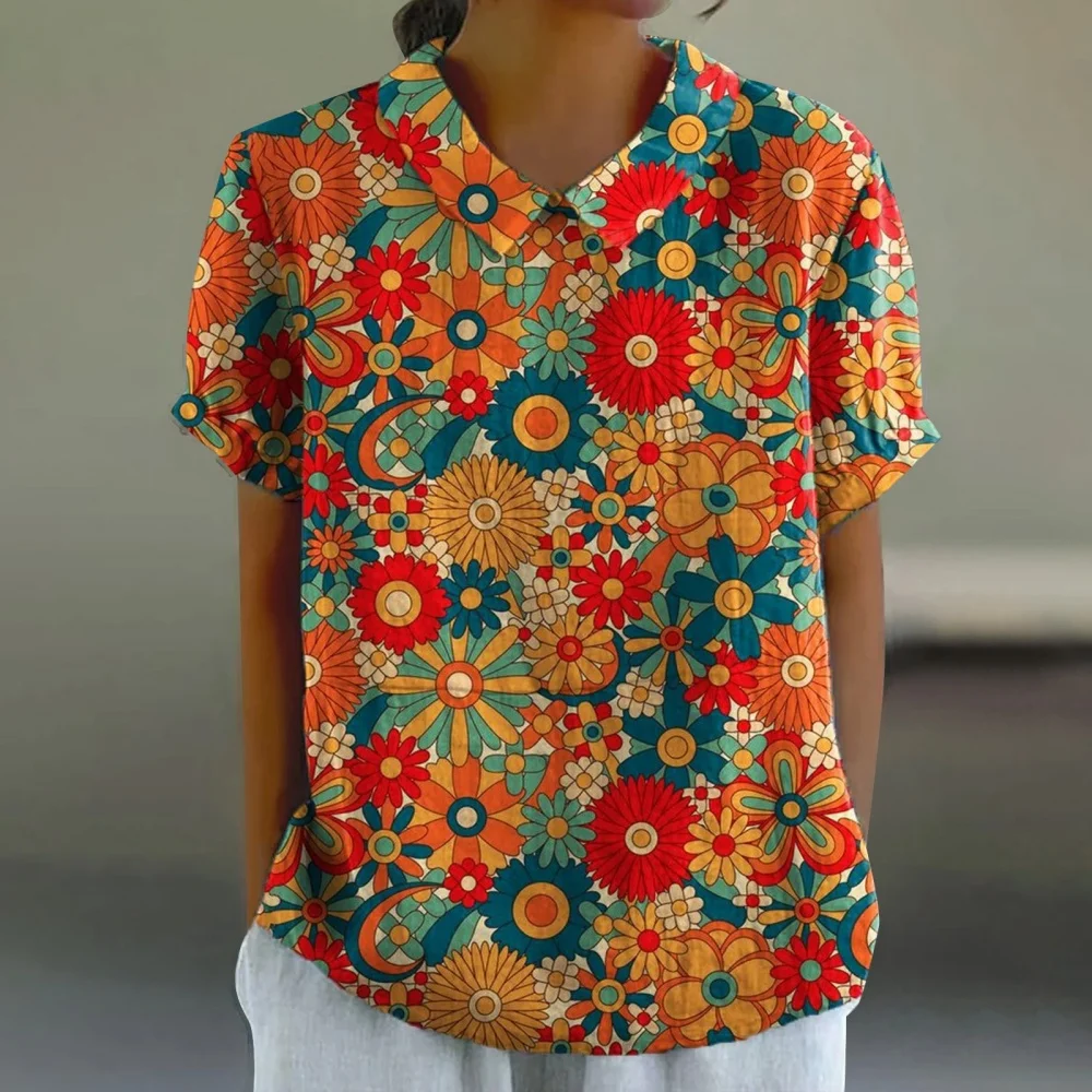 

New 2025 Summer Women's Elegant Blouses Floral Pattern T-Shirt Tops Fashion Lapel Short Sleeve Tees Retro Pulovers Women Blouse