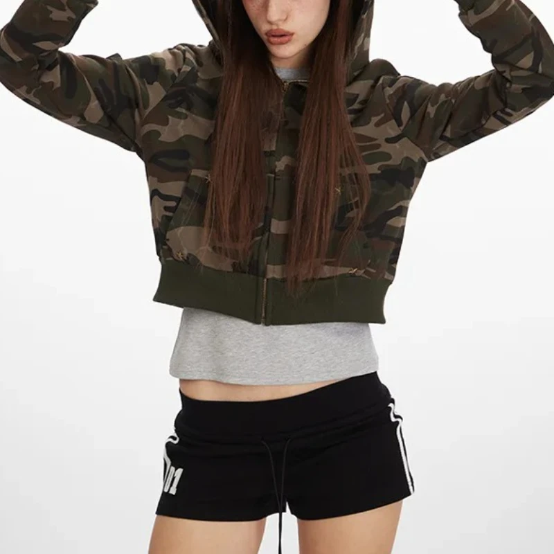 Camo Hooded Sweater Women's 2025 Spring and Autumn Zipper Retro Cardigan Jacket