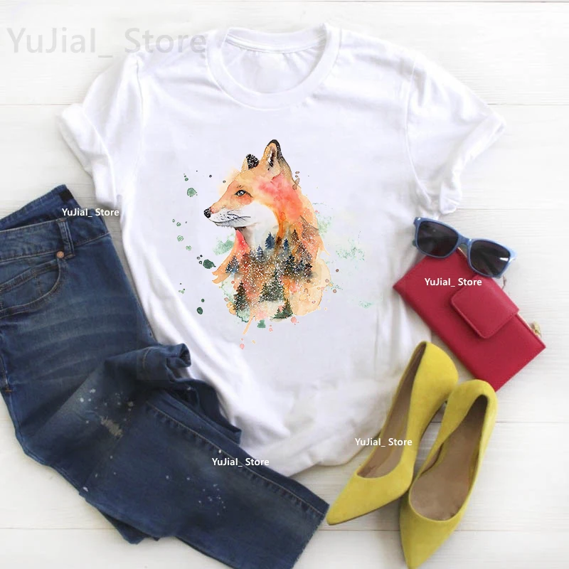 Cute Fox With Forest Watercolour Design Print T Shirt Girls Summer Fashion Tops Tee Shirt Femme Harajuku Kawaii Clothes T-Shirt