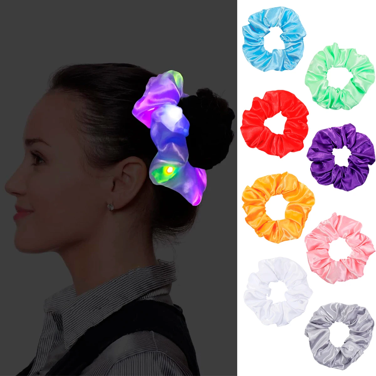 New Christmas Personality Satin LED Light-emitting Pudding Large Intestine Headdress European Women Tie Hair Accessories