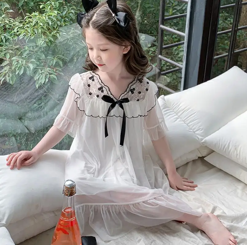 Girl Short Sleeve Sleep Dress Baby Embroidery Summer Thin Pajamas White Princess Comfortable Home Clothes Kids Nightgown Wz1148