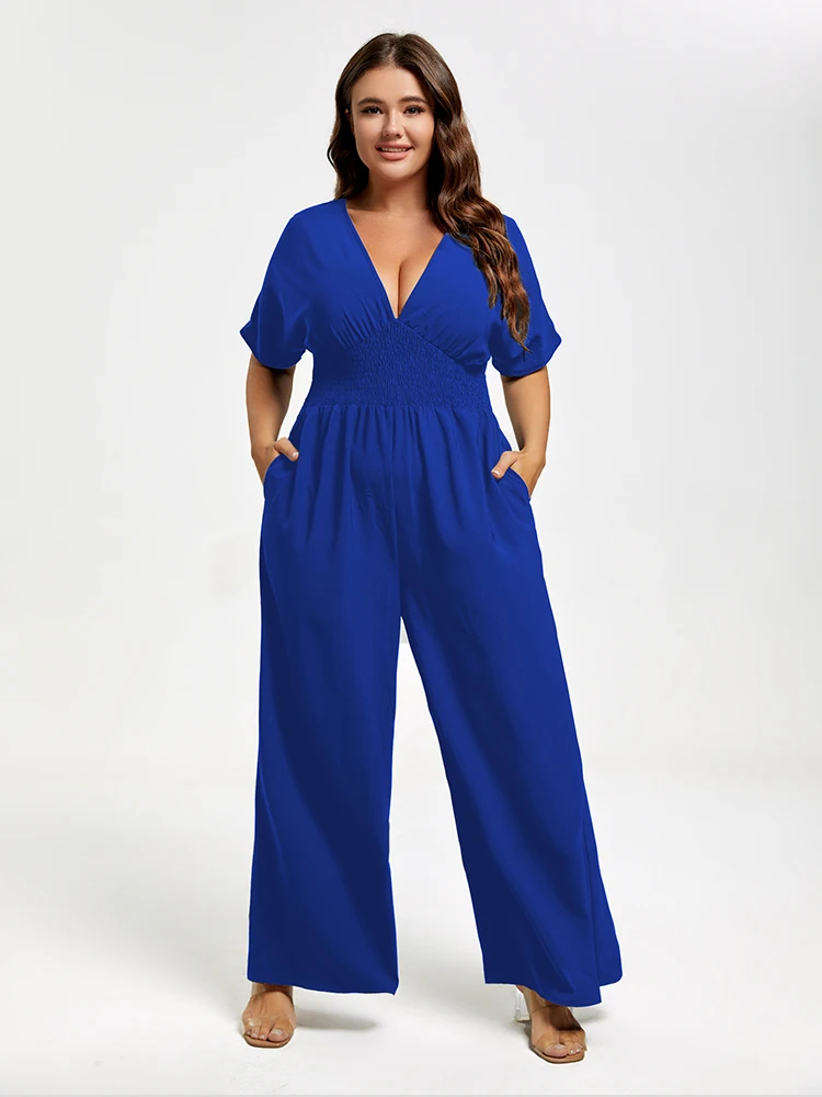 Plus Sized Clothing Shirred Waist Tie Back Dolman Sleeve Jumpsuit Women Summer Casual Pocket Wide Leg Pants Office Jumpsuit