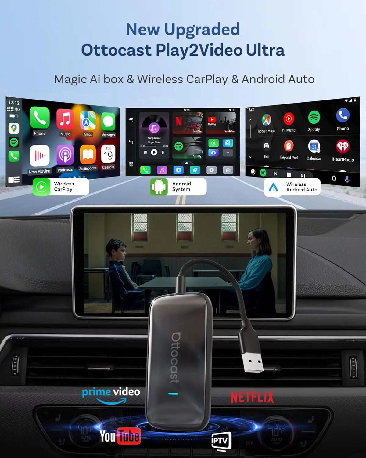 محول Play2Video Wireless CarPlay Android Auto مع مشغل فيديو مدمج لـ Netflix، YouTube، IPTV - توصيل وتشغيل البث D