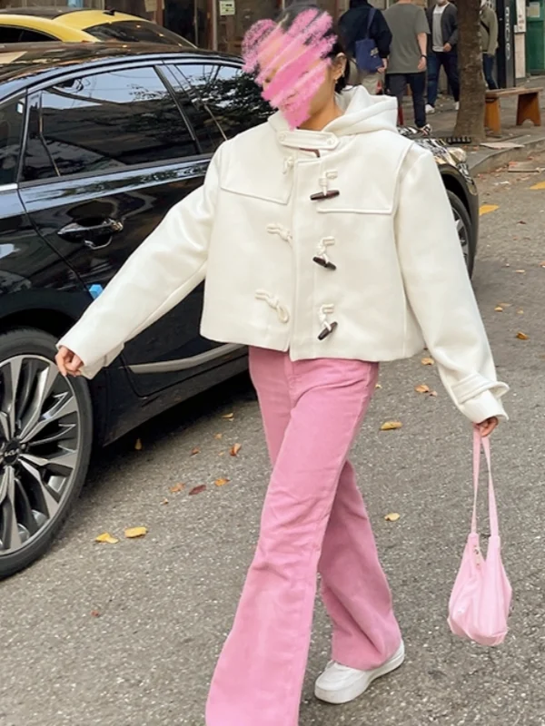 Retro Chic Woolen Coat with Hat Loose Fit Short Outerwear for Women Fashionable Button Detail High Waist Straight Cut Style