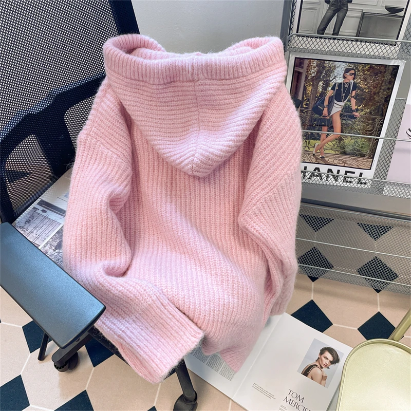 Women Pink Pullover Hooded Knit Sweater Harajuku Aesthetic Y2k Long Sleeves Star Sweaters Elegant Vintage 2000s Fashion Clothes