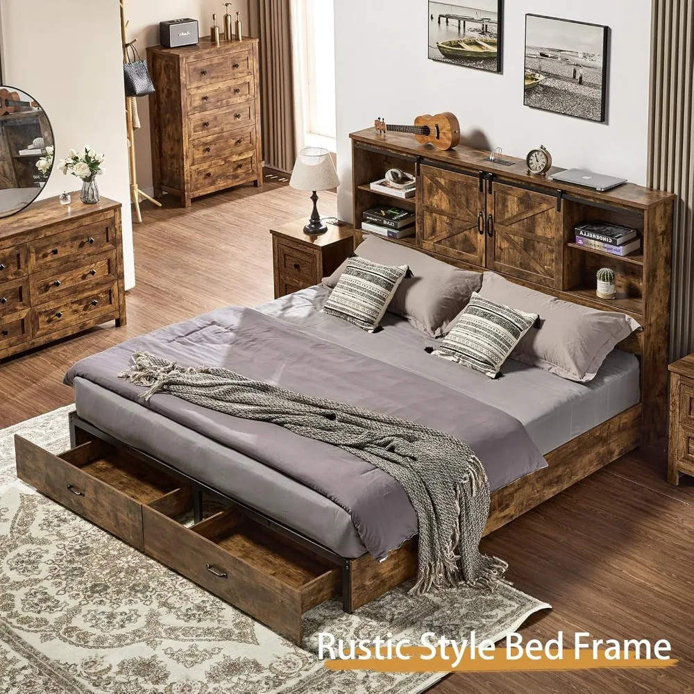 Деревянная кровать размера «queen-size» с изголовьем книжного шкафа, двумя ящиками и зарядной станцией — коробчатая пружина не требуется