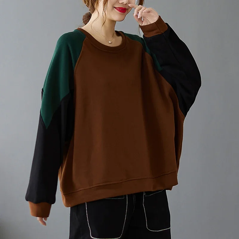 Women Sweatshirts Loose O-Neck Color Patchwork Sports Fashion Artys Casual All-Match Home Korean Style Cotton Female Pullovers