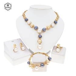 Fashion Gold Plated Ladies Necklace Jewelry Set Artificial Beads Exquisite Bracelet Ring For Daily Wear Banquet Party SYHOL