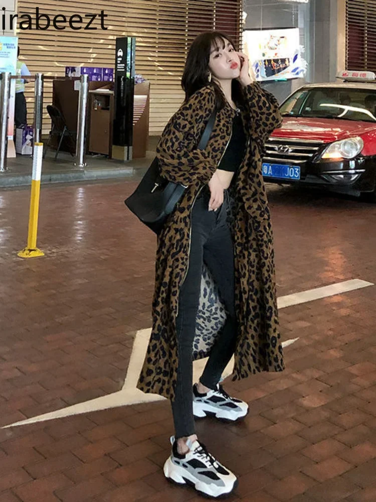 

Women's Mid-length Autumn 2024 Popular New Korean Version of Loose Cargo Tops Fashion Long Leopard Print Trench Coat