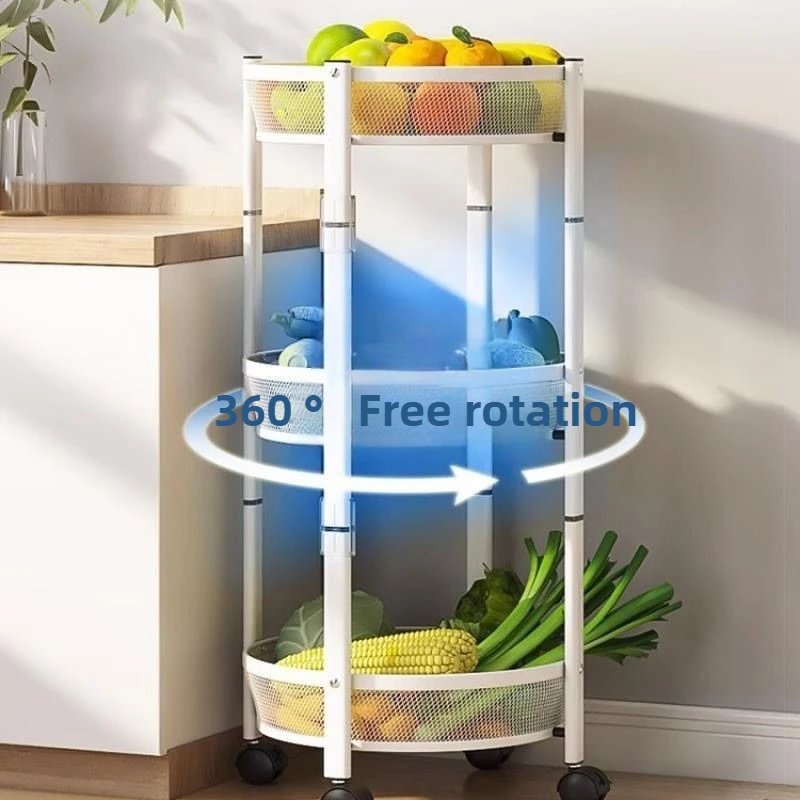 ‌Rotating Kitchen Shelf, Foldable Storage Rack, Mobile Fruit Basket, No-Tool Bathroom Organizer ,Space-Saving Multi-Tiered Stand