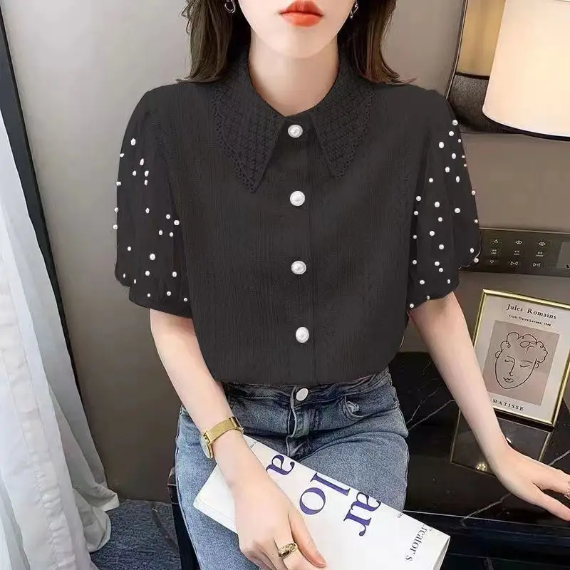 Net Yarn Hollow Out Lace Shirt Tops Summer New Short Sleeve Solid Color Loose Button Korean Blouse Fashion Elegant Women Clothes