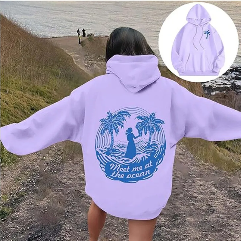 เสื้อฮู้ดพิมพ์ลาย Chasing Sunsets รุ่นใหม่สำหรับผู้หญิง ไซส์ยุโรป แขนเสื้อแบบเปิดไหล่ ดีไซน์เก๋สำหรับการค้าอีคอมเมิร์ซข้ามพรมแดน